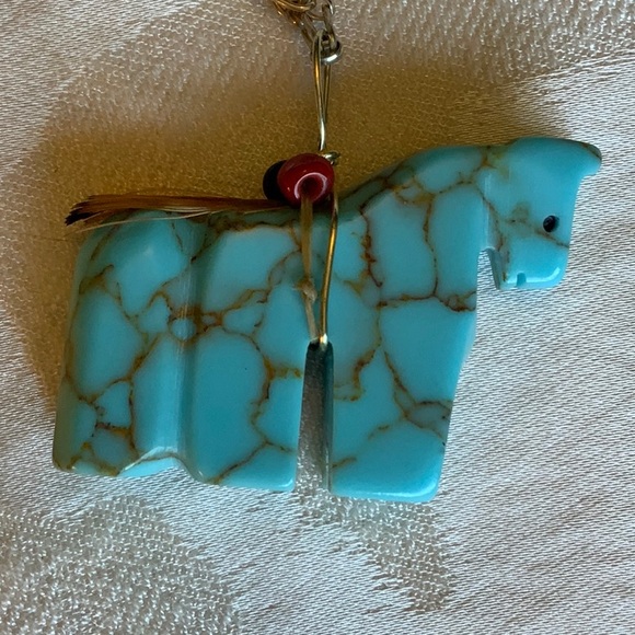Hand-carved Turquoise Zuni Horse Fetish on Silver Chain Necklace - Picture 4 of 7